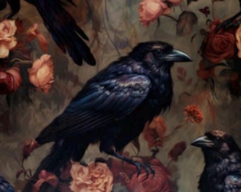 Gothic crow Fabric moody floral Fabric black floral Fabric gothic Fabric