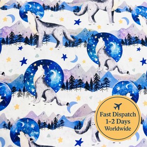 Cute Wolf fabric Pattern Howling wolf fabric Moon fabric Celestial fabric Space galaxy Wolf woods