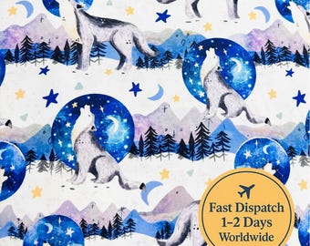 Cute Wolf fabric Pattern Howling wolf fabric Moon fabric Celestial fabric Space galaxy Wolf woods