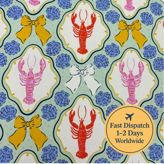 Lobsters & bows fabric preppy Pattern Spring fabric Cute seashells grandmillennial Fabric Coastal Fabric
