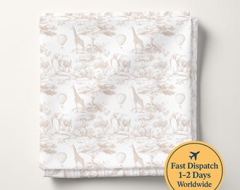 Beige Chinoiserie Toile de Jouy Safarityg Baby Safaridjurtyg Safaritema Lejon Zebra Giraff Barnrumstyg
