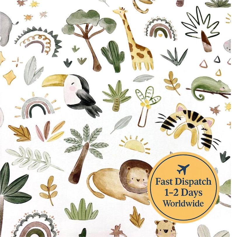 May include: Watercolor illustration featuring a repeating pattern of jungle animals and plants on a white background. Includes a giraffe, lion, toucan, tiger, and palm trees in shades of brown, green, and yellow. The image has a whimsical, children's book style.