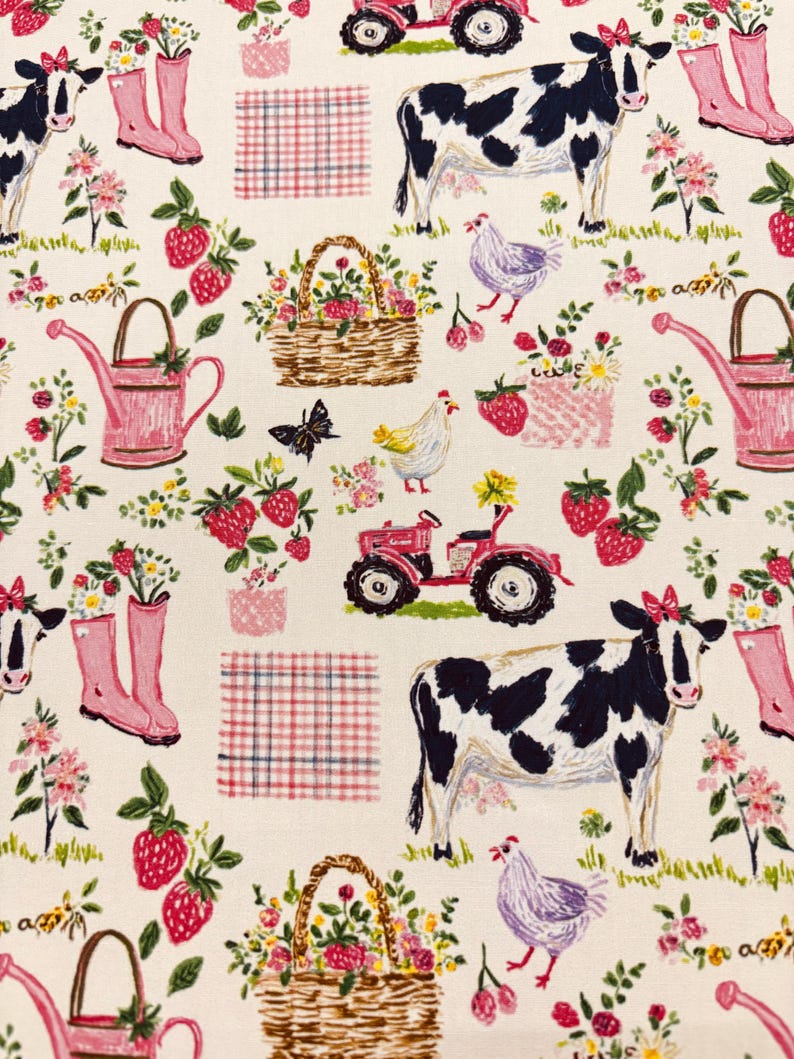 Pink Farm Pattern Pink Farmyard Fabric – Cottagecore Cow & Chicken Pattern – Cotton ...