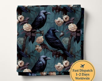 May include: A folded fabric featuring a repeating pattern of black ravens perched on dark branches interspersed with pale cream-colored roses against a deep teal background. A circular yellow badge displays the text Fast Dispatch 1-2 Days Worldwide.