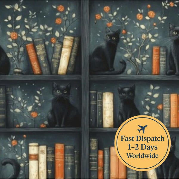 Gothic bookshelf Fabric dark gothic Fabric black cat Fabric  Home Decor Fabric books fabric