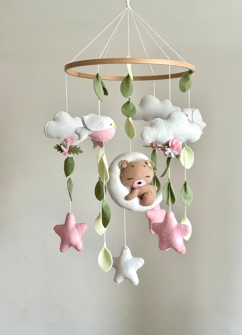 Moon Bear Baby Mobile Pink Clouds Baby Mobile Sky Stars Baby Boy Baby