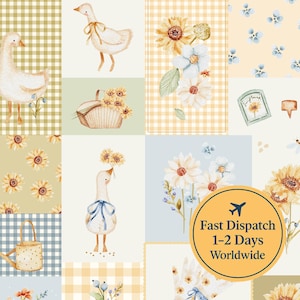 Può includere: Un design patchwork con illustrazioni ad acquerello di oche, girasoli e composizioni floreali. La tavolozza dei colori comprende gialli, blu e verdi tenui, con motivi a quadretti e floreali. Un grafico circolare indica "Fast Dispatch 1-2 Days Worldwide."