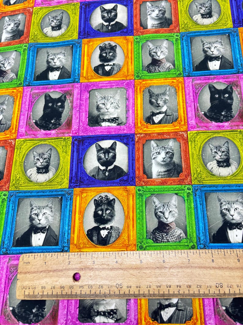 Vintage Cat Fabric – Colourful Portrait Frame Pattern – Victorian Style ...