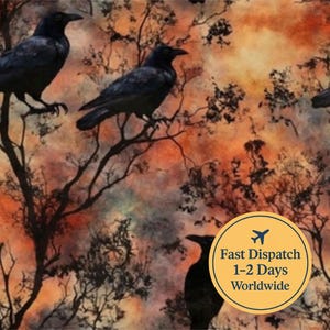Gothic crow Fabric crows at sunset floral Fabric orange rustic Fabric gothic Fabric