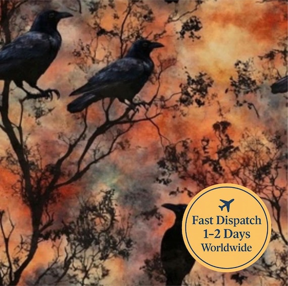 Gothic crow Fabric crows at sunset floral Fabric orange rustic Fabric gothic Fabric