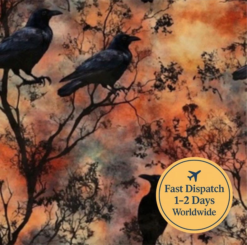 Gothic crow Fabric crows at sunset floral Fabric orange rustic Fabric gothic Fabric image 1