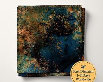 May include: A square textile featuring an abstract pattern with deep navy blue, forest green, and metallic copper tones. The surface displays a mottled, weathered texture with dark ink-like patches and shimmering gold-colored flecks throughout.
