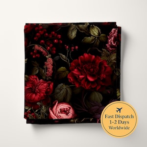 May include: A square fabric piece featuring a dark black background with a dense floral pattern of deep red peonies, smaller pink blossoms, and clusters of red berries, accented by dark green leaves. A circular yellow badge displays Fast Dispatch 1-2 Days Worldwide.