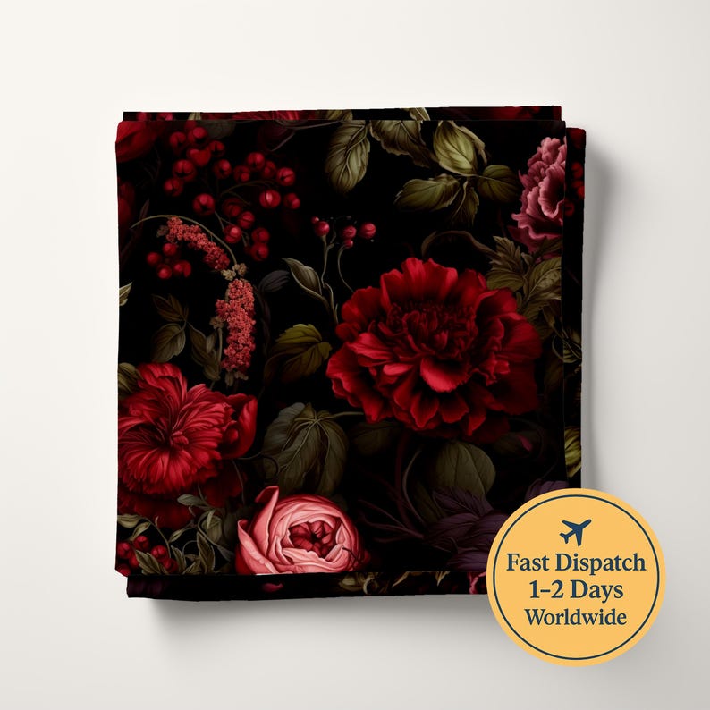 May include: A square fabric piece featuring a dark black background with a dense floral pattern of deep red peonies, smaller pink blossoms, and clusters of red berries, accented by dark green leaves. A circular yellow badge displays Fast Dispatch 1-2 Days Worldwide.