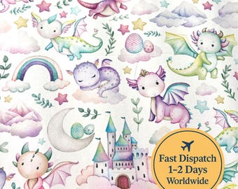 Pastel Dragon fabric Fairytale fabric Magical fabric Mythological fabric Mythical Baby fantasy Fabric dragon Theme fire rainbow fabric
