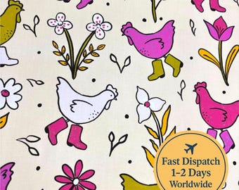 Chickens Fabric Preppy Cute Chicken Art Farm Animals Floral Chickens fabric  Farmhouse Chicken fabric Homesteading fabric Trendy fabric