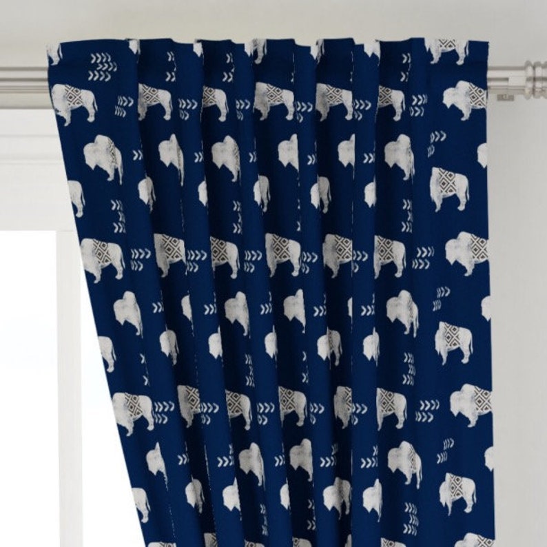 Buffalo curtains drapes Navy linen look curtains buck nursery curtains baby gift new born Bedding