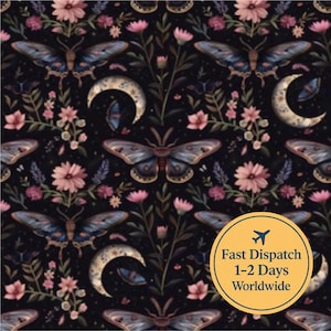 Gothic moth Fabric witch Fabric black moody floral Fabric celestial Fabric