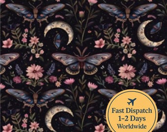 Gothic moth Fabric witch Fabric black moody floral Fabric celestial Fabric