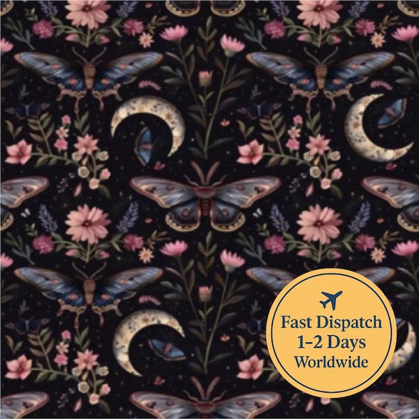 Gothic moth Fabric witch Fabric black moody floral Fabric celestial Fabric