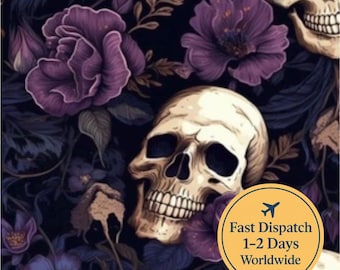 Tela con calaveras florales moradas, tela gótica oscura, tela floral morada oscura y melancólica, tela para decoración del hogar