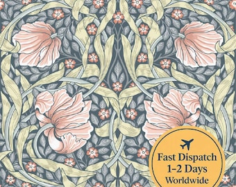 May include: Floral wallpaper with a repeating pattern of large pink flowers, small orange flowers, and green and yellow leaves on a dark blue background. The design is intricate and detailed, with a vintage aesthetic.