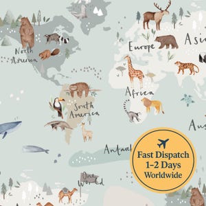 May include: A light blue world map illustration featuring continents and various animals. The map includes the text "North America", "South America", "Europe", "Africa", and "Asia". A yellow circle with the text "Fast Dispatch 1-2 Days Worldwide" is in the image.