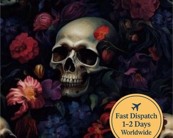 Tela con calaveras florales oscuras, tela gótica oscura, tela floral negra melancólica, tela para decoración del hogar, tela floral botánica