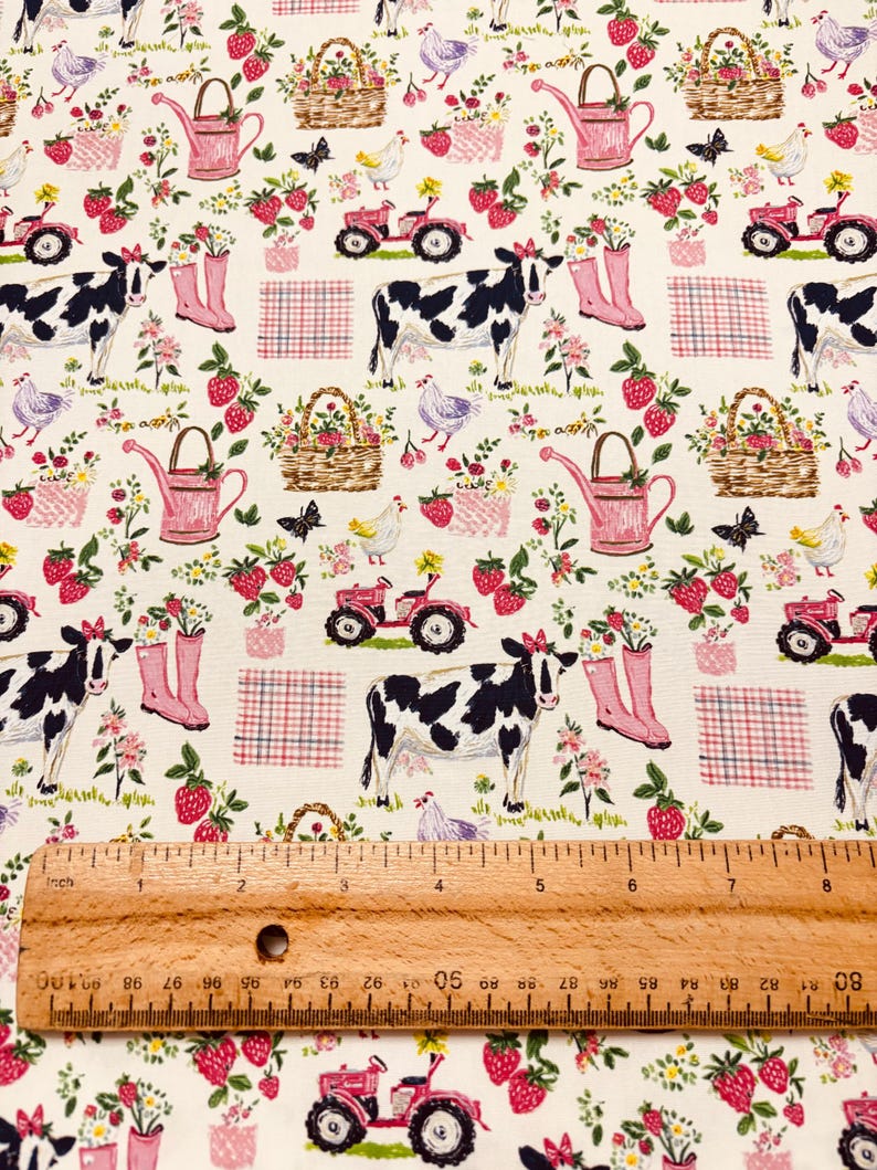 Pink Farm Pattern Pink Farmyard Fabric – Cottagecore Cow & Chicken Pattern – Cotton ...