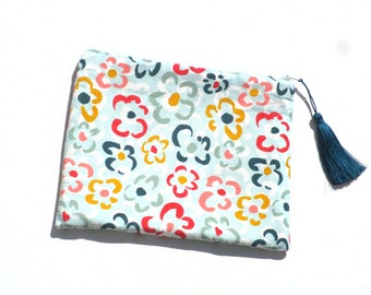 Pouch / Pencil case / makeup storage / velvet fabric / stylized flowers / multicolor / pompom / spring-summer / gift for her.