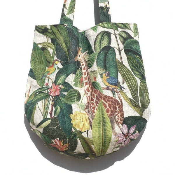 Sac à main / tissu / porté épaule / lin / exotique / feuillage / girafe / oiseau / été .