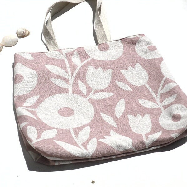 Sac / XL /  tissu / pastel / été / plage / fleurs stylisées / vieux rose / écru / hippie / bohème / porté épaule .