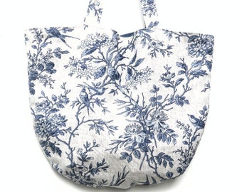 Sac à main / sac cabas / tissu / porté épaule / lin coton /  Style romantique / oiseaux / fleurs .