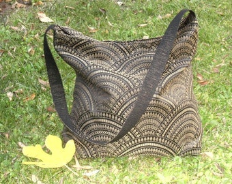 Handbag / fabric / shoulder wear / autumn-winter / graphic / gold / black / fans / Art Deco .