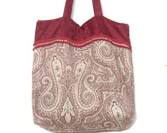 Sac à main / XL / porté épaule / tissu / lin imprimé / motif provençal / tissu ameublement / galon / rouge / écru .