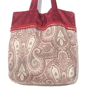 Sac à main / XL / porté épaule / tissu / lin imprimé / motif provençal / tissu ameublement / galon / rouge / écru . image 6