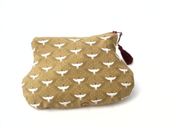 Trousse / pochette / rangement maquillage / tissu / oiseaux / grues .