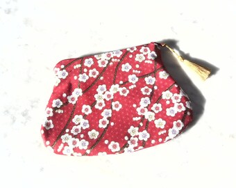 Pouch / kit / makeup storage / any japanese fabric storage / cherry blossoms / red / gold / white