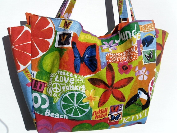 Cabas Fabric shoulder summer beach fantasy Pattern fruit flower butterfly bird. Etsy Australia