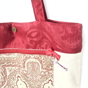 Sac à main / XL / porté épaule / tissu / lin imprimé / motif provençal / tissu ameublement / galon / rouge / écru . image 5