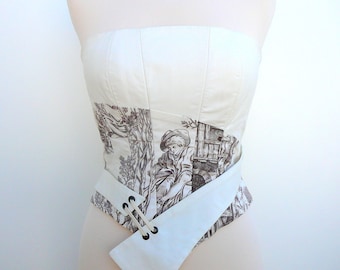 Bustier corseté asymétrique en toile de Jouy, écru et marron.