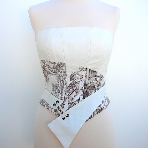 Bustier corseté asymétrique en toile de Jouy, écru et marron.