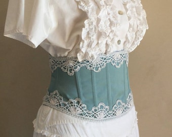 Waist greenhouse, wide corset belt, blue and white lace.