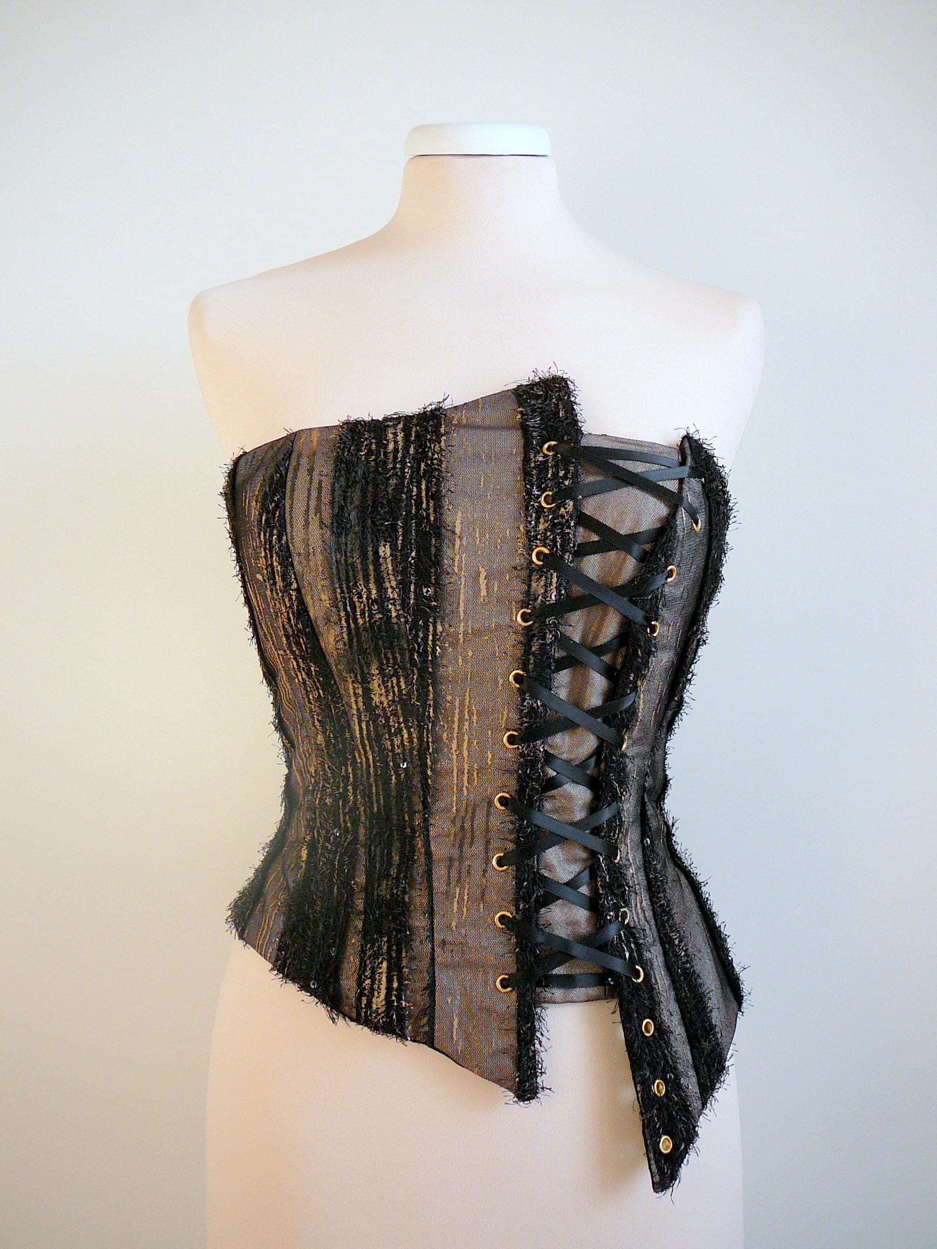 Asymmetrical Corset Bustier - Steel Whales, Lacing Back