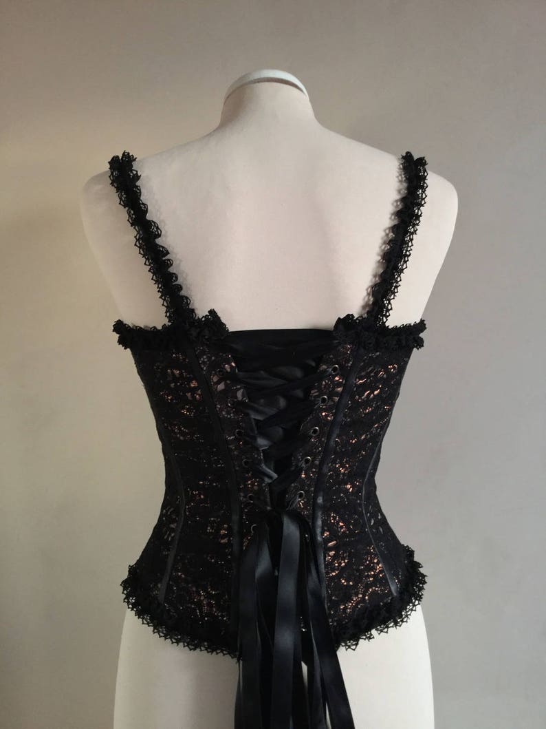 Bustier corset Dentelle noire et soie cuivrée. Bretelles Etsy France