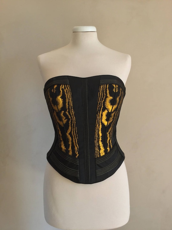 Bustier Corset Black Satin and Golden Yellow Jacquard. Removable Shoulder  Straps. -  Canada