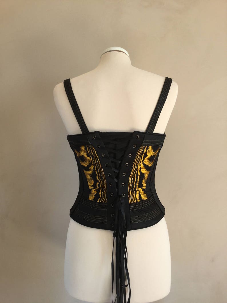Bustier corset Satin noir et jacquard jaune doré. Bretelles amovibles