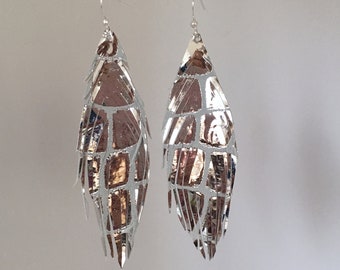 Leather feather earrings Silver genuine LEATHER feather earrings with metallic leather earrings lightweight dangle earrings