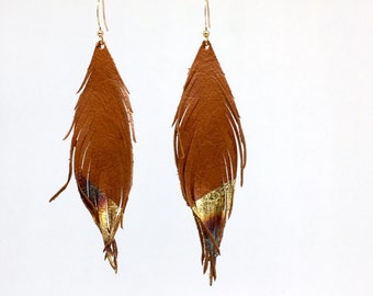 Natural tan and gold genuine LEATHER feather earrings with gold leaf tips metallic leather earrings lightweight dangle earrings