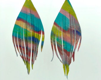 Unique one of a kind hand painted feather earrings lightweight statement earrings dangle earrings artistic earrings painted earrings leather